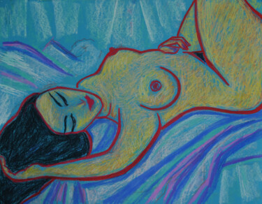 Zeichnungen mit dem Titel "Lying nude on blue" von Margarita Felis, Original-Kunstwerk, Pastell