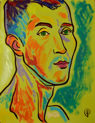Painting titled "Man on light green…" by Margarita Felis, Original Artwork, Acrylic