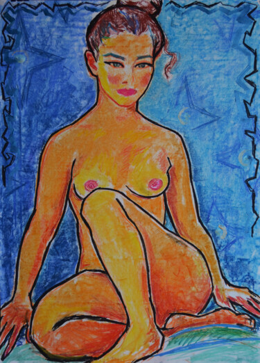 Dessin intitulée "Sitting nude on blue" par Margarita Felis, Œuvre d'art originale, Pastel