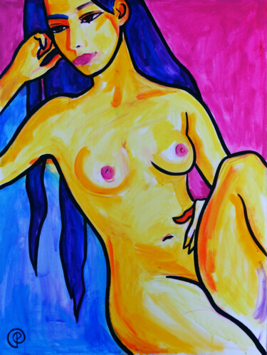 Картина под названием "Nude on pink and bl…" - Margarita Felis, Подлинное произведение искусства, Акрил