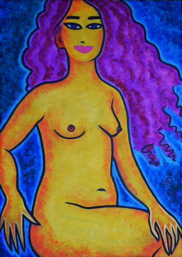 Peinture intitulée "Nude on blue" par Margarita Felis, Œuvre d'art originale, Acrylique