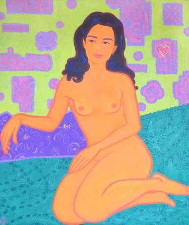 Painting titled "Sitting nude on yel…" by Margarita Felis, Original Artwork, Acrylic