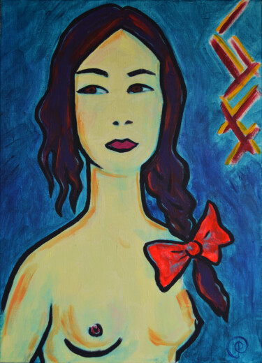 Painting titled "Girl with a bow" by Margarita Felis, Original Artwork, Acrylic