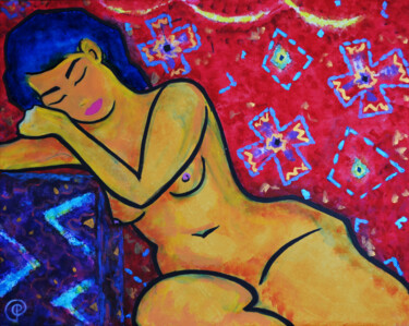 Painting titled "Sleeping nude on red" by Margarita Felis, Original Artwork, Acrylic