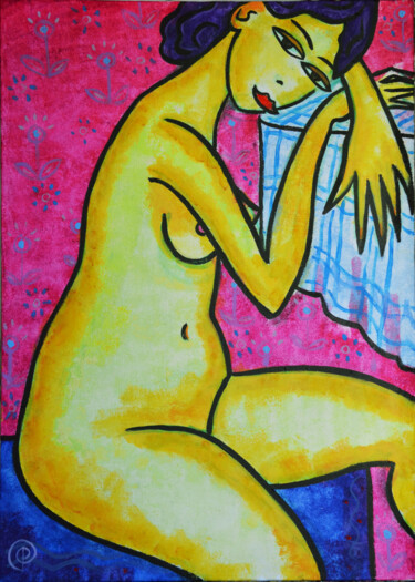 Painting titled "Nude woman on pink" by Margarita Felis, Original Artwork, Acrylic