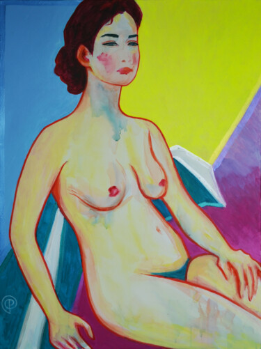 Peinture intitulée "Sitting nude on yel…" par Margarita Felis, Œuvre d'art originale, Acrylique