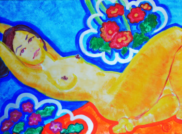 Peinture intitulée "Nude on blue with f…" par Margarita Felis, Œuvre d'art originale, Acrylique