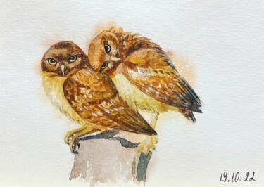 Schilderij getiteld "The owlhug" door Margarita Gladilina, Origineel Kunstwerk, Aquarel