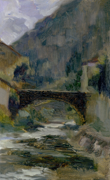 Painting titled "Old bridge under th…" by Margarita Simonova, Original Artwork, Oil