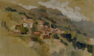 Malerei mit dem Titel "Houses on the slope…" von Margarita Simonova, Original-Kunstwerk, Öl