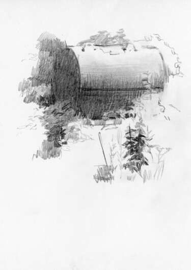 Drawing titled "Barrel in the garden" by Margarita Simonova, Original Artwork, Pencil