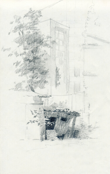 Zeichnungen mit dem Titel "Dilapidated shed" von Margarita Simonova, Original-Kunstwerk, Bleistift