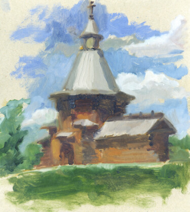Painting titled "Wooden church in Ko…" by Margarita Simonova, Original Artwork, Oil