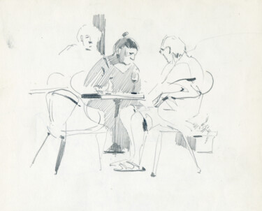 Drawing titled "Italians in a cafe 2" by Margarita Simonova, Original Artwork, Pencil