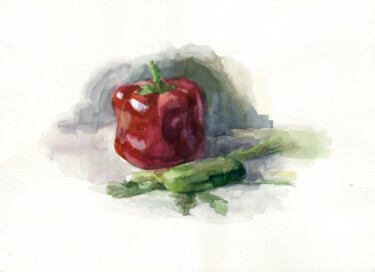 Painting titled "Pepper and cucumber" by Margarita Simonova, Original Artwork, Watercolor