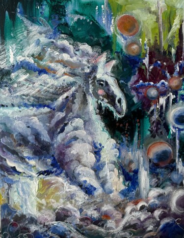Schilderij getiteld "The White Horse" door Margarita Smirnova Kvintessa, Origineel Kunstwerk, Olie