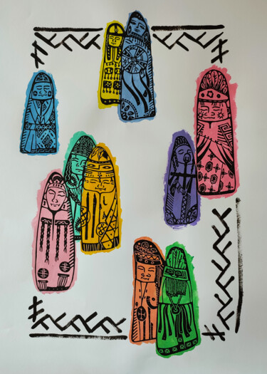 Prenten & gravures getiteld "LINOCUT TUVAN SHAMA…" door Margarita Suliaeva, Origineel Kunstwerk, Linosnede