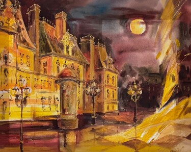 Painting titled "Paris by night" by Margarita Tchinzova, Original Artwork, Acrylic Mounted on Wood Stretcher frame