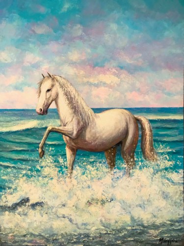 Peinture intitulée "Horse walking on sh…" par Aleks Margjini, Œuvre d'art originale, Huile