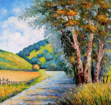 Painting titled "Road to the village" by Aleks Margjini, Original Artwork, Oil