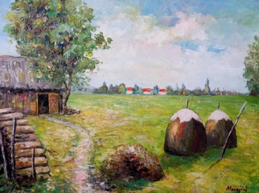 Painting titled "small farm" by Aleks Margjini, Original Artwork, Oil