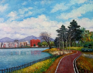 Painting titled "Lake Tirana" by Aleks Margjini, Original Artwork, Oil
