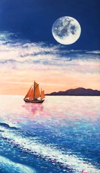 Pintura intitulada "a day with  moon" por Aleks Margjini, Obras de arte originais, Óleo