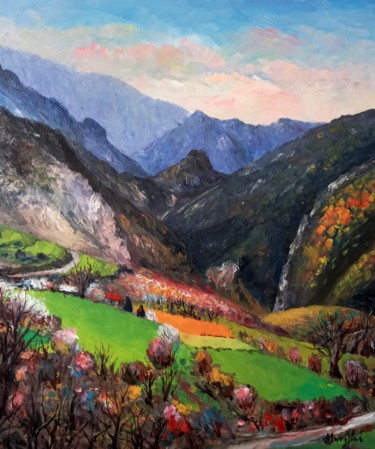 Peinture intitulée "village of Albania" par Aleks Margjini, Œuvre d'art originale, Huile