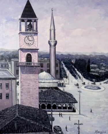 Malerei mit dem Titel "Tirana 100 years ago" von Aleks Margjini, Original-Kunstwerk, Öl