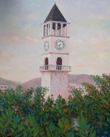 Painting titled "Watch Tower Tirana" by Aleks Margjini, Original Artwork, Oil