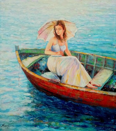 Painting titled "The girl in the boat" by Aleks Margjini, Original Artwork, Oil