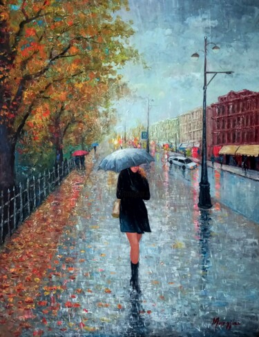 Pintura intitulada "She walking on rain…" por Aleks Margjini, Obras de arte originais, Óleo