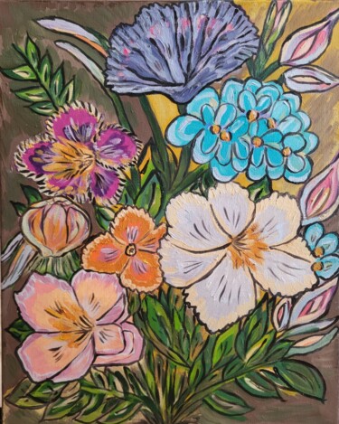 Pintura titulada "Цветные цветы" por Margo, Obra de arte original, Oleo Montado en Bastidor de camilla de madera