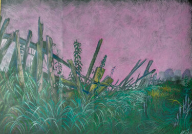 Disegno intitolato "Landscape. Fence at…" da Margo Miro, Opera d'arte originale, Matita
