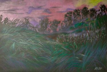 Рисунок под названием "Landscape fog Sunse…" - Margo Miro, Подлинное произведение искусства, Карандаш