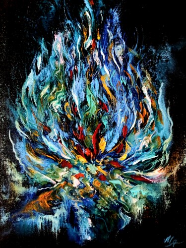 Schilderij getiteld "Blue Bonfire" door Margo Tartart, Origineel Kunstwerk, Olie
