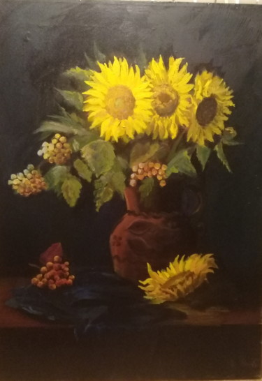 Картина под названием "Подсолнухи и рябина" - Маргари Крейман, Подлинное произведение искусства, Масло