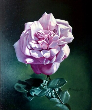 Painting titled "Pink Rose" by Margo Reitmayer, Original Artwork, Oil Mounted on Wood Stretcher frame