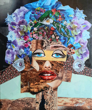 Collages titled "Une déesse, Naïvisme" by Margot G Delhomme, Original Artwork, Collages Mounted on Wood Stretcher frame