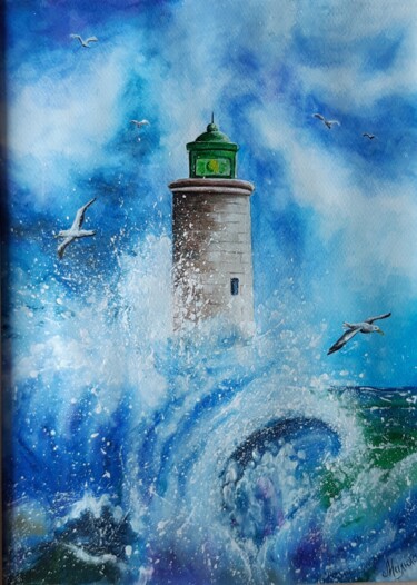 Painting titled "Phare de Cassis" by Marguerite Maliuga, Original Artwork, Watercolor