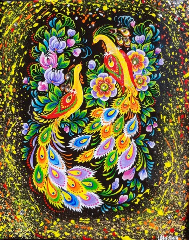 Malerei mit dem Titel "Oiseaux de Feu: tal…" von Marguerite Maliuga, Original-Kunstwerk, Acryl Auf Keilrahmen aus Holz monti…