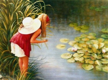 Peinture intitulée "Jeune fille aux nén…" par Marguerite Vanasse (Fleur'Art Maggie), Œuvre d'art originale, Autre