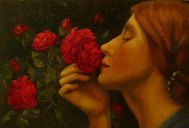 Painting titled "L'âme de la rose" by Marguerite Vanasse (Fleur'Art Maggie), Original Artwork, Oil