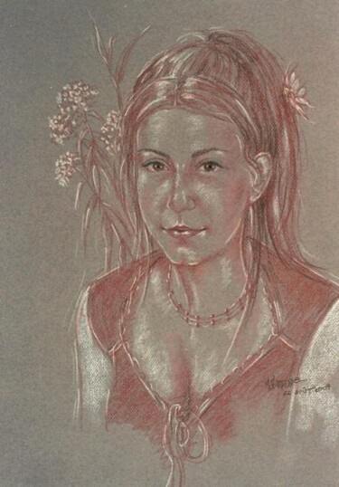 Drawing titled "Jeune fille aux fle…" by Marguerite Vanasse, Original Artwork, Other