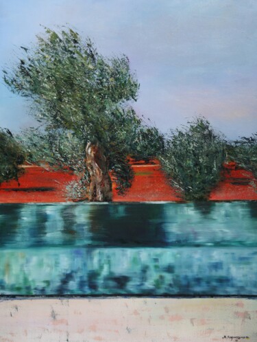 Painting titled "Olive Ranch" by Marharyta Karmazina, Original Artwork, Oil Mounted on Wood Stretcher frame