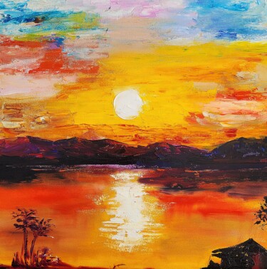 Pintura intitulada "Lake" por Marharyta Karmazina, Obras de arte originais, Óleo Montado em Outro painel rígido