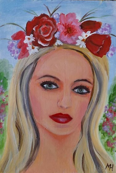 Painting titled "Flower hair" by Mari Husár, Original Artwork, Acrylic Mounted on Cardboard