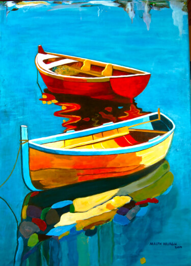 Painting titled "Aegean Boats" by Mari Iliadi Iliaktida, Original Artwork, Oil Mounted on Wood Stretcher frame