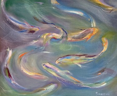 Painting titled "Delicate fishes" by Mari Skakun, Original Artwork, Oil Mounted on Wood Panel