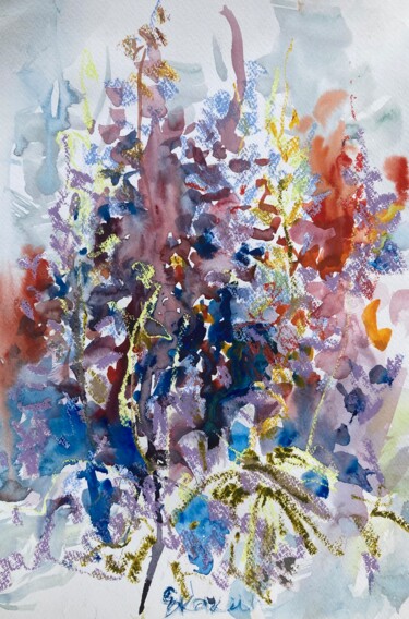 Pintura intitulada "Blu lupine" por Mari Skakun, Obras de arte originais, Aquarela